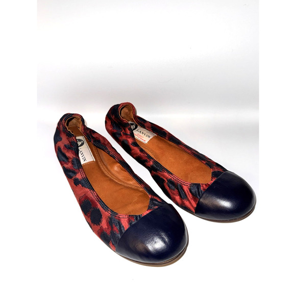 LANVIN Paris Women’s 6 Black Red Leopard Print Lambskin Fabric Ballet Flats EUC - Picture 1 of 11